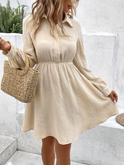  Textured Long Sleeve Button Up Collar Knee Length Dress
