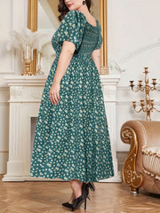  Boho Dress Ditsy Print Puff Sleeve Square Neck