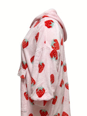Women's Plus Strawberry Pattern Plush Hooded Sherpa Wearable Blanket