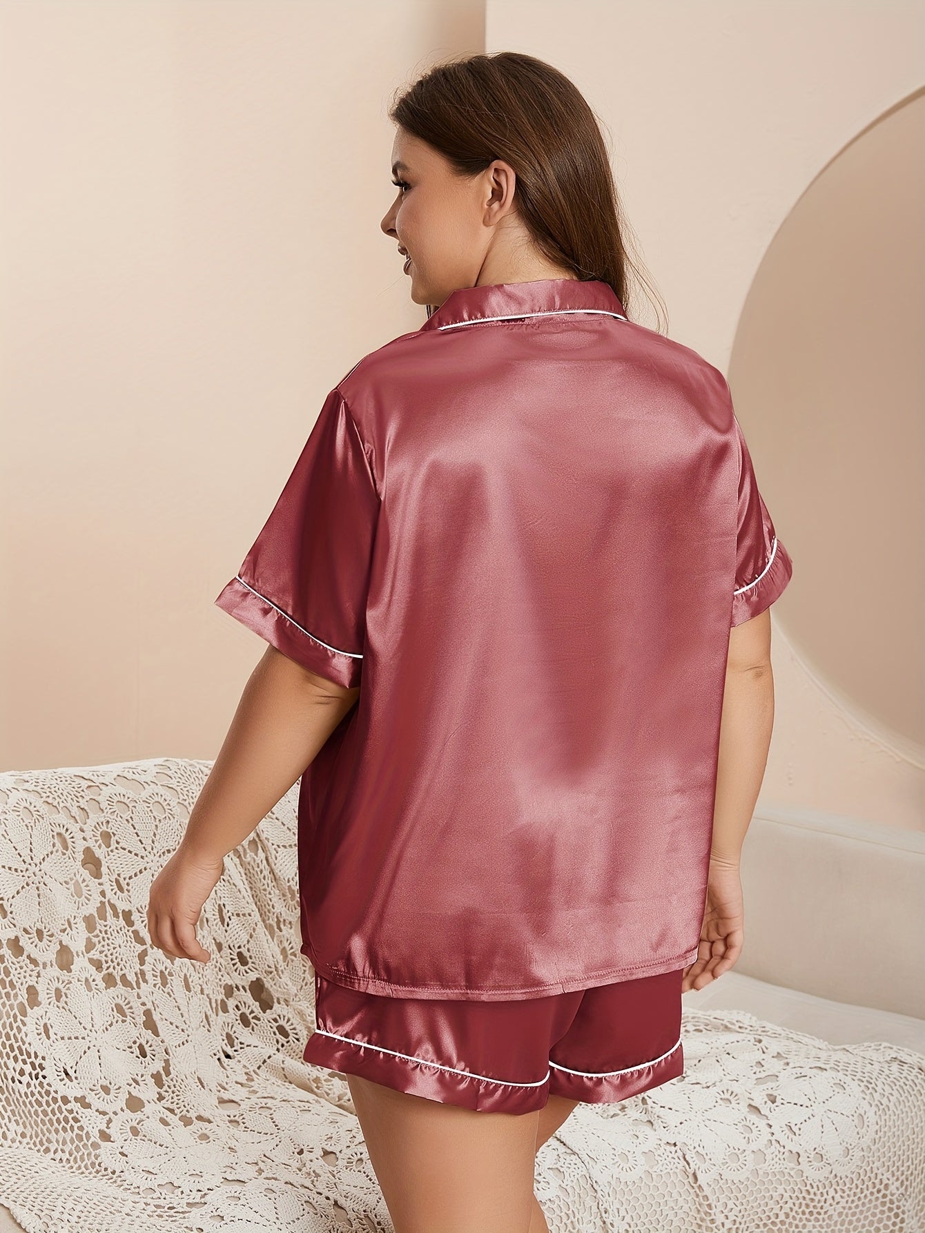  Satin Button Front Pajama Set Women's Plus Loungewear Set