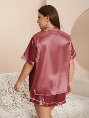  Satin Button Front Pajama Set Women's Plus Loungewear Set