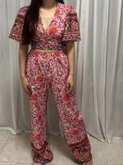 Boho Floral Print 2pc Set Wide Leg Pants & Crop Top