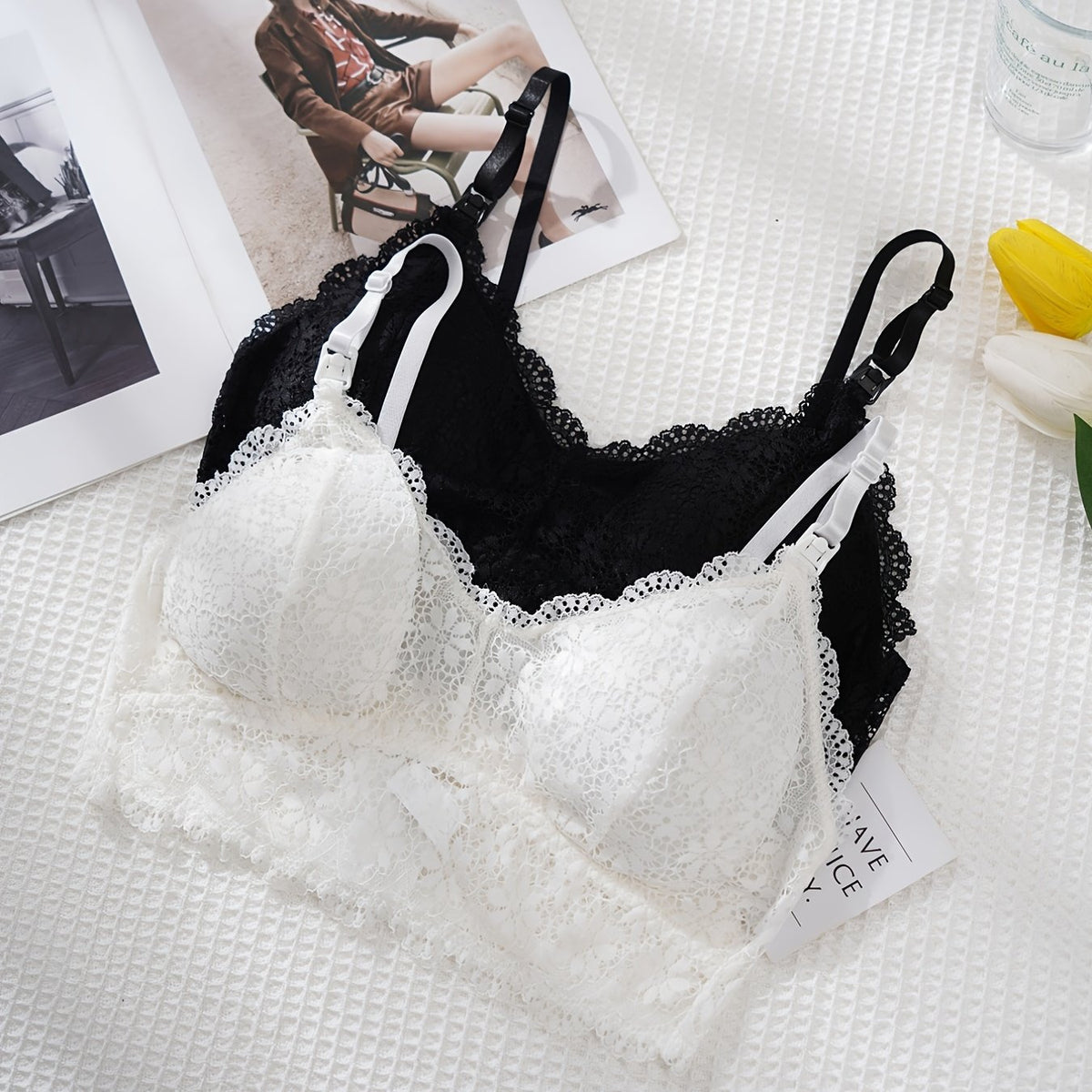 2pcs Lace Wireless Bras Scalloped Trim Intimates Bra Women's Lingerie