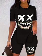 Cartoon Print Two Piece Set Short Sleeve Crew Neck Casual T Shirt & Shorts