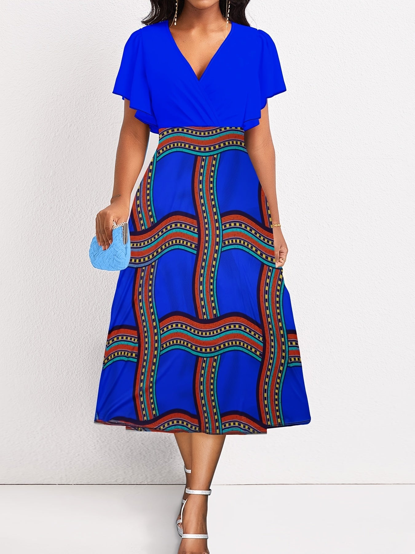  Colorblock Stripe Print Ruffle Sleeve Midi Dress