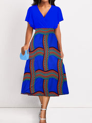  Colorblock Stripe Print Ruffle Sleeve Midi Dress
