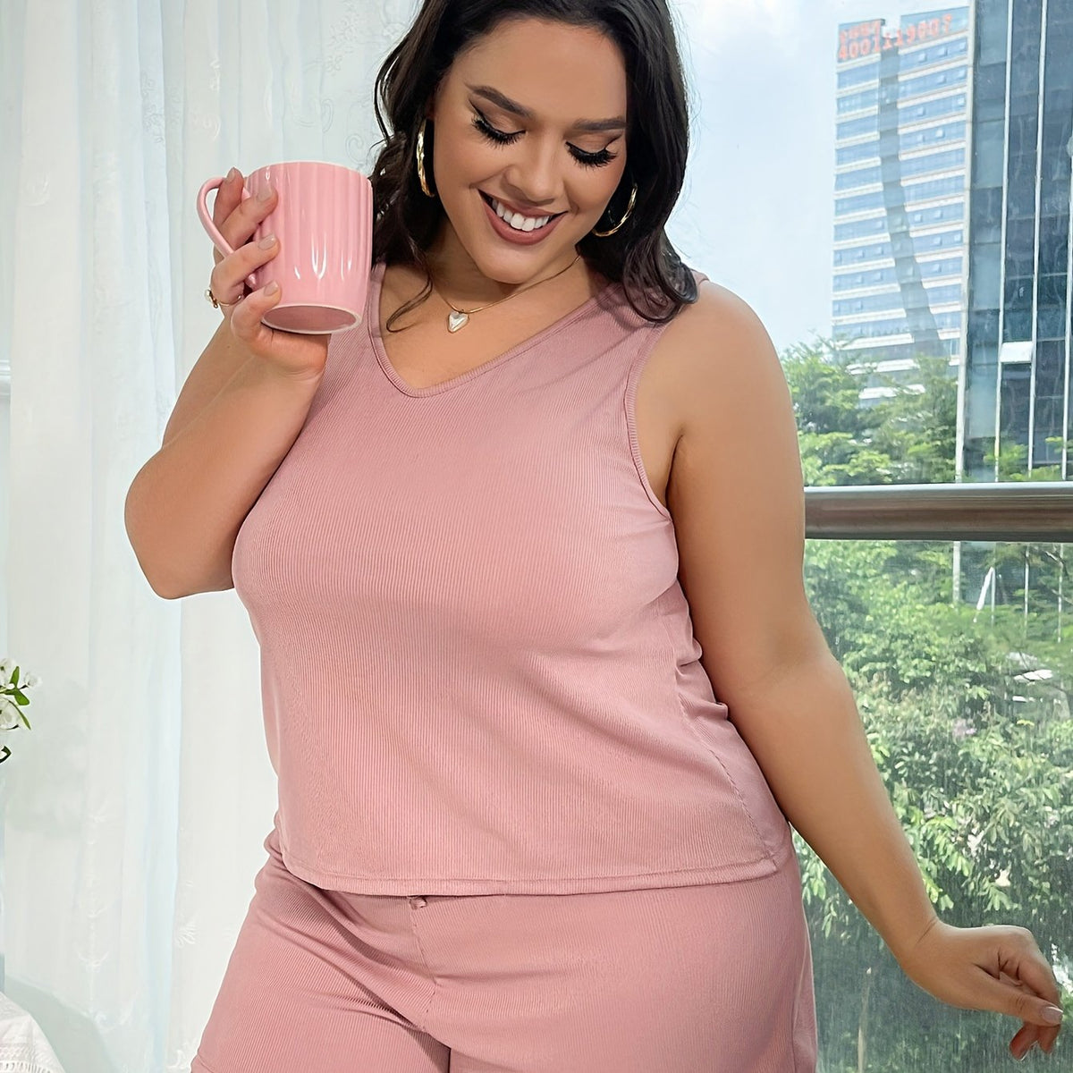  Solid V Neck Tank Top & Tie Front Shorts Lounge Set
