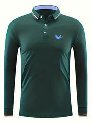 Men's Vintage Bird Print Long Sleeve Polo Shirt Casual Button Up Polo Shirt