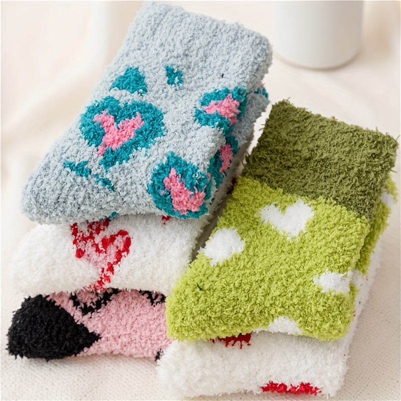 5 Pairs Heart Print Socks Warm & Cozy Women's Stockings Hosiery
