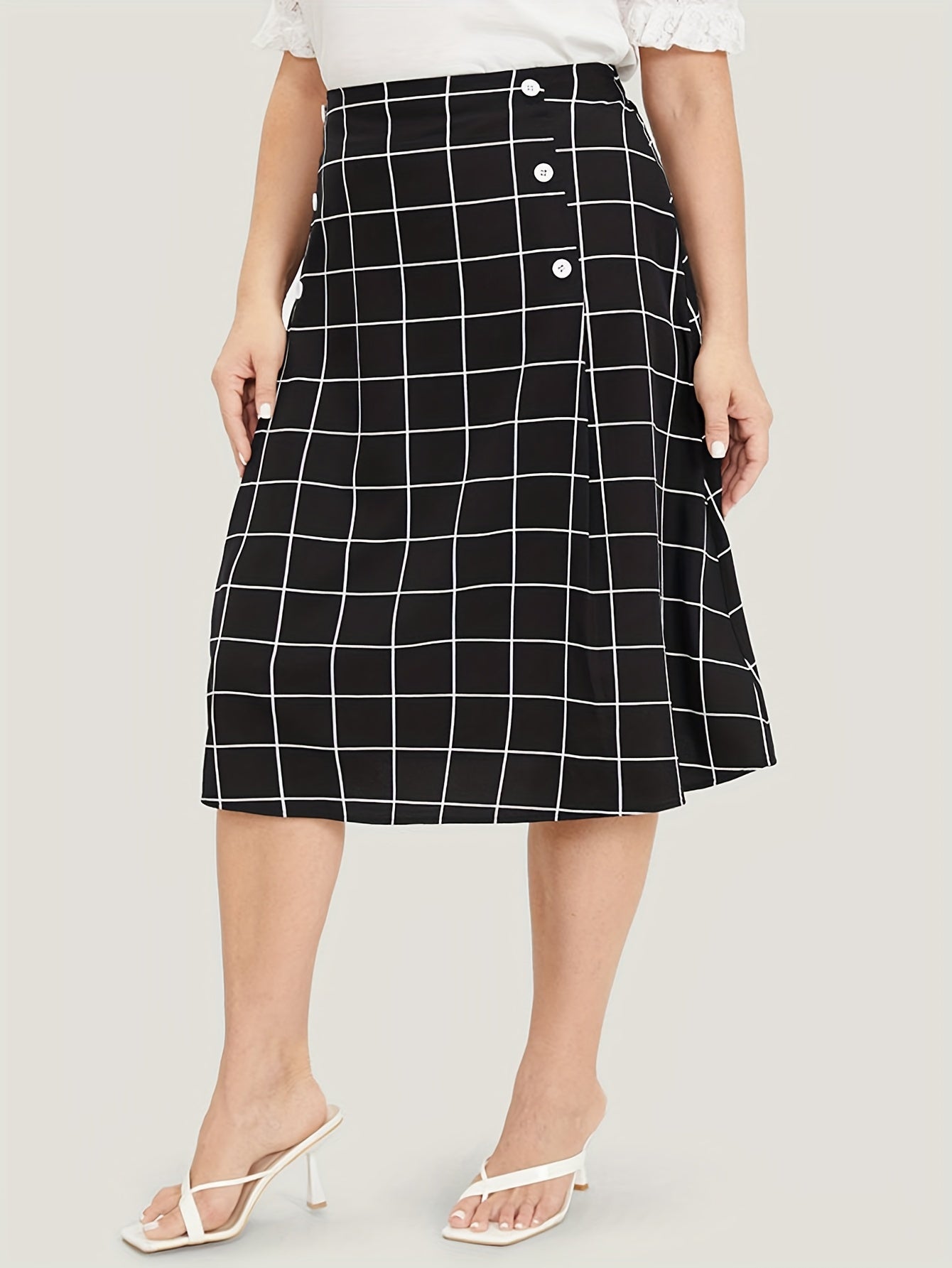  Grid Print Button Stretch Skirt