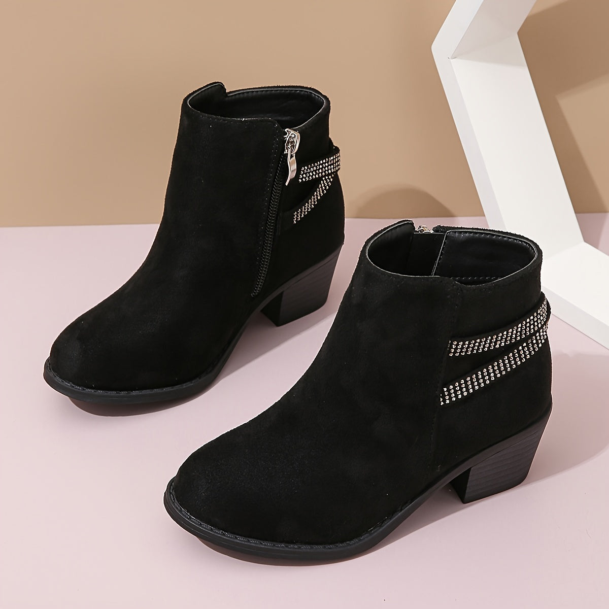 Girls Rhinestone High Heeled Boots with Zipper - Comfortable Non Slip Boots