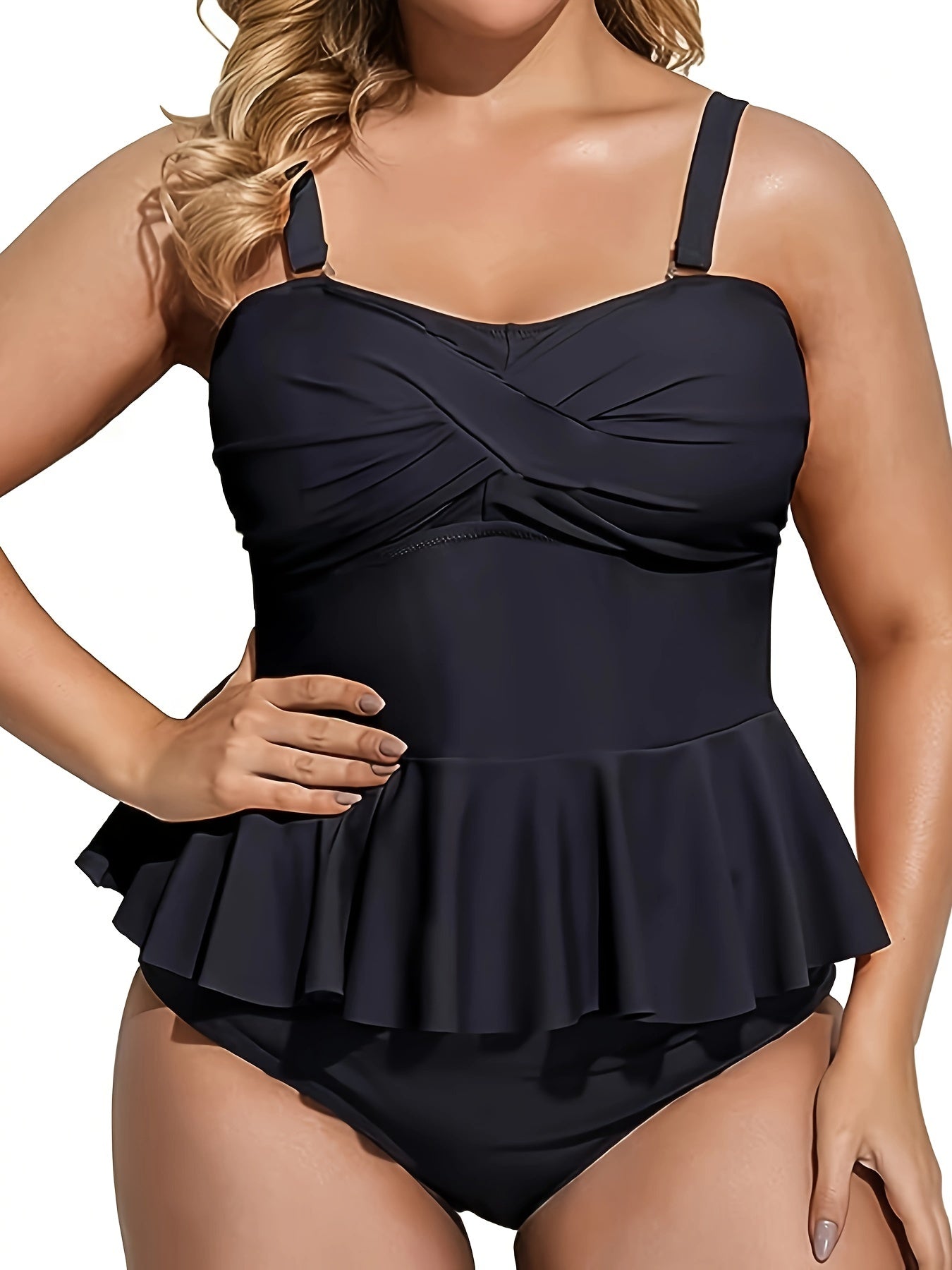  Tankini Set Cross Front Ruffle Trim Top & Ruched Panty Swimsuit