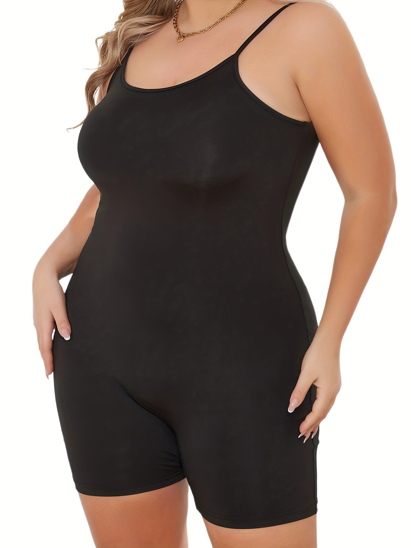  Casual Cami Romper Women's Plus Solid Round Neck Skinny Romper