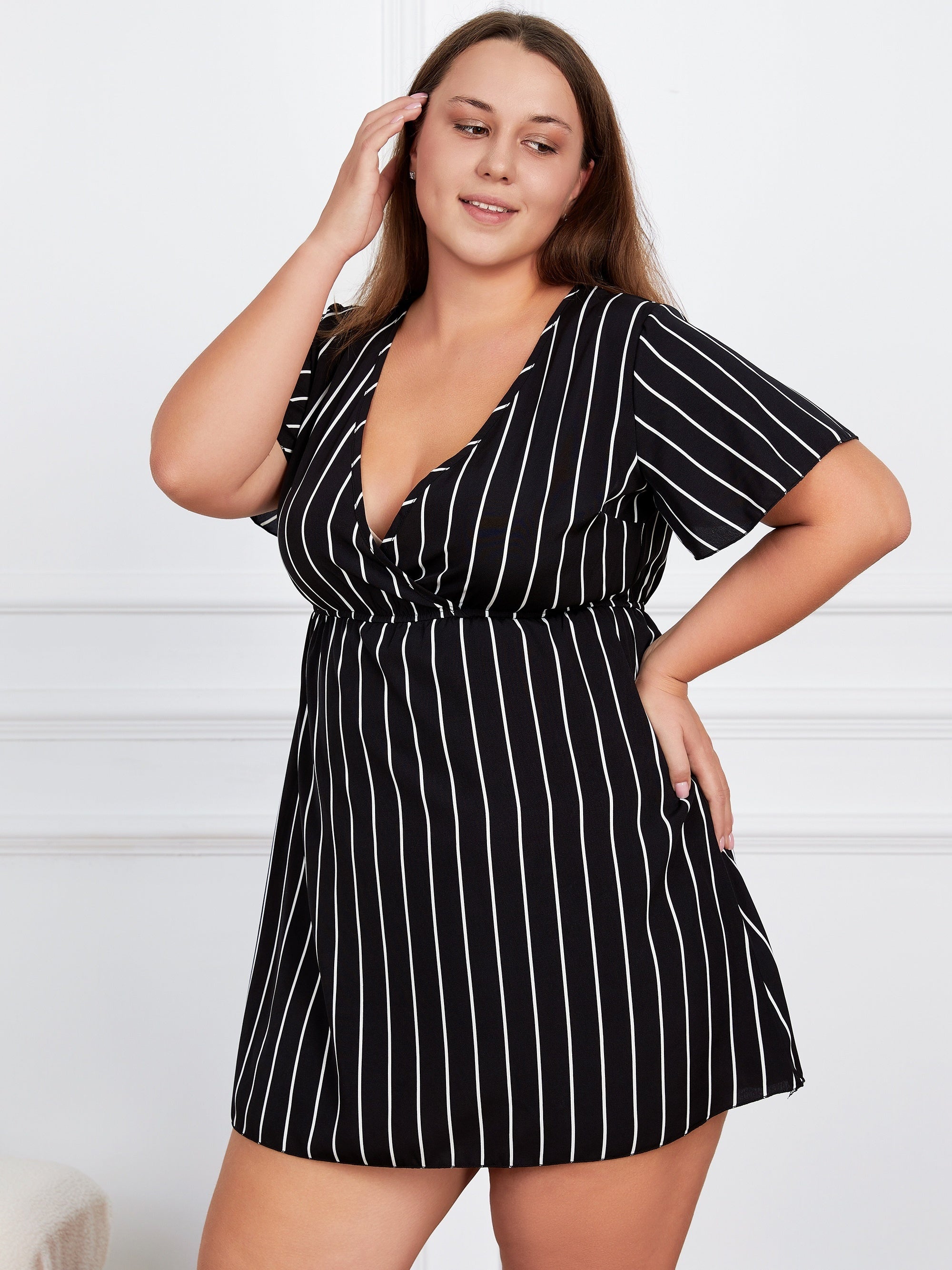  Pin Stripe Short Sleeve V Neck Mini Dress