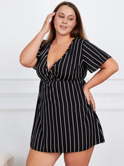  Pin Stripe Short Sleeve V Neck Mini Dress