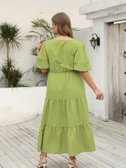  V Neck Flutter Sleeve Pom Pom Ruched Dress