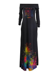Off Shoulder Letter Print Dress Casual Long Sleeve Dress