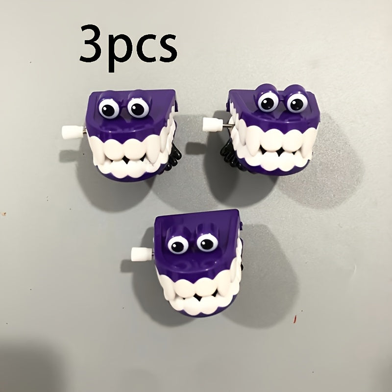 3pcs Colorful Clockwork Jumping Teeth Toys with Eyes Red Yellow Orange Purple