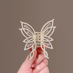 Medium Hair Claw Clip Butterfly Style Non Slip Rhinestone Pearl Decor Barrettes