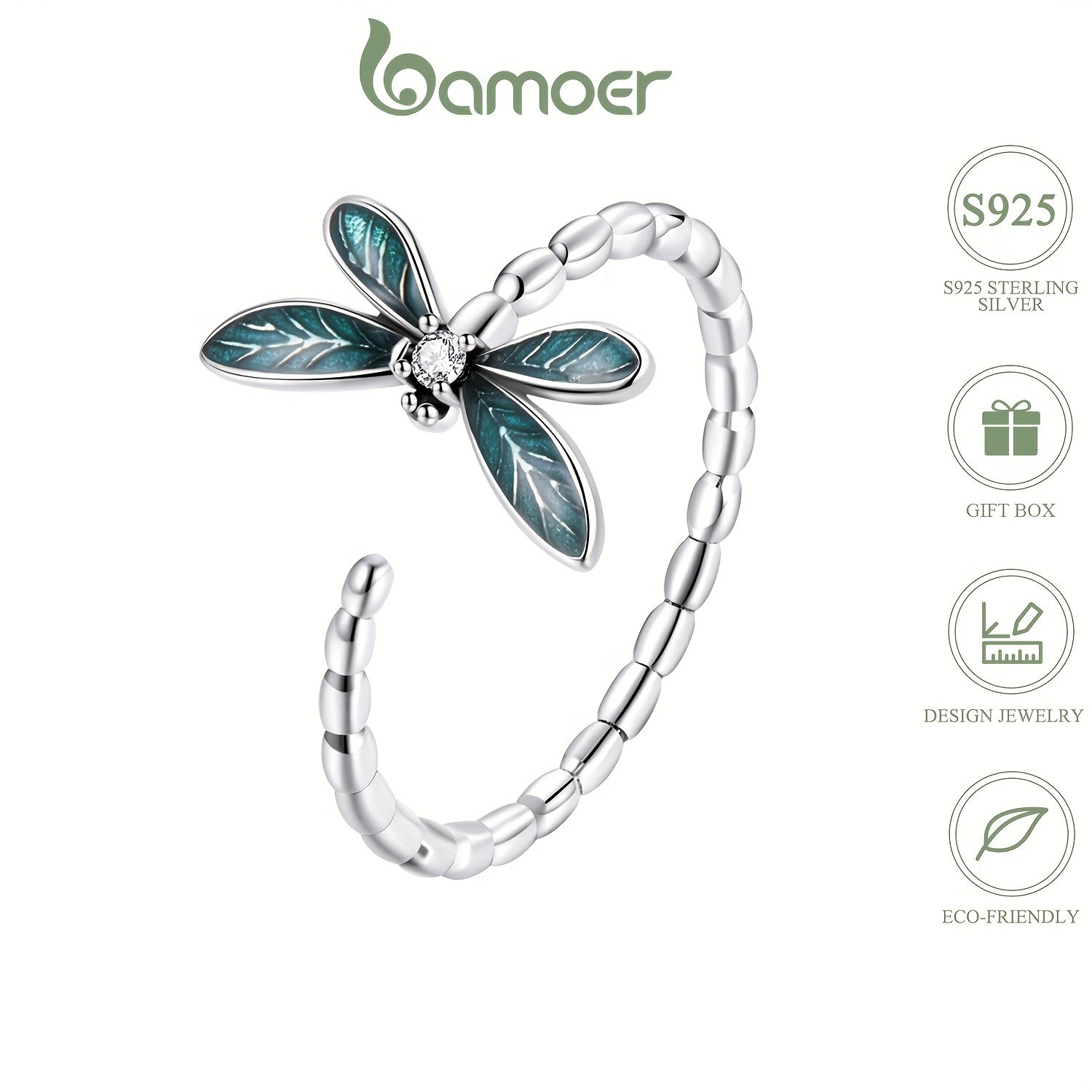 925 Silver Dragonfly Zircon Ring Adjustable Cuff Jewelry