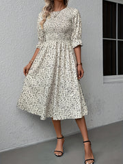  Ditsy Floral Print Shirred Bell Sleeve Midi Dress