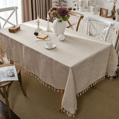 Boho Linen Tablecloth Beige Tassel Table Cover