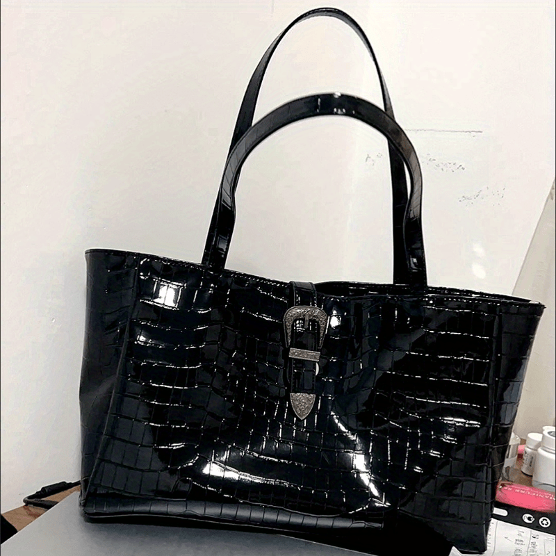 Crocodile Pattern Glossy Tote Bag Vintage PU Leather Handbag Large Capacity