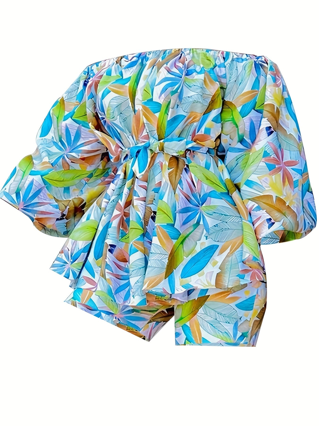  Leaf Print Off Shoulder Top & Shorts 2 Piece Set
