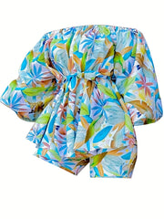  Leaf Print Off Shoulder Top & Shorts 2 Piece Set