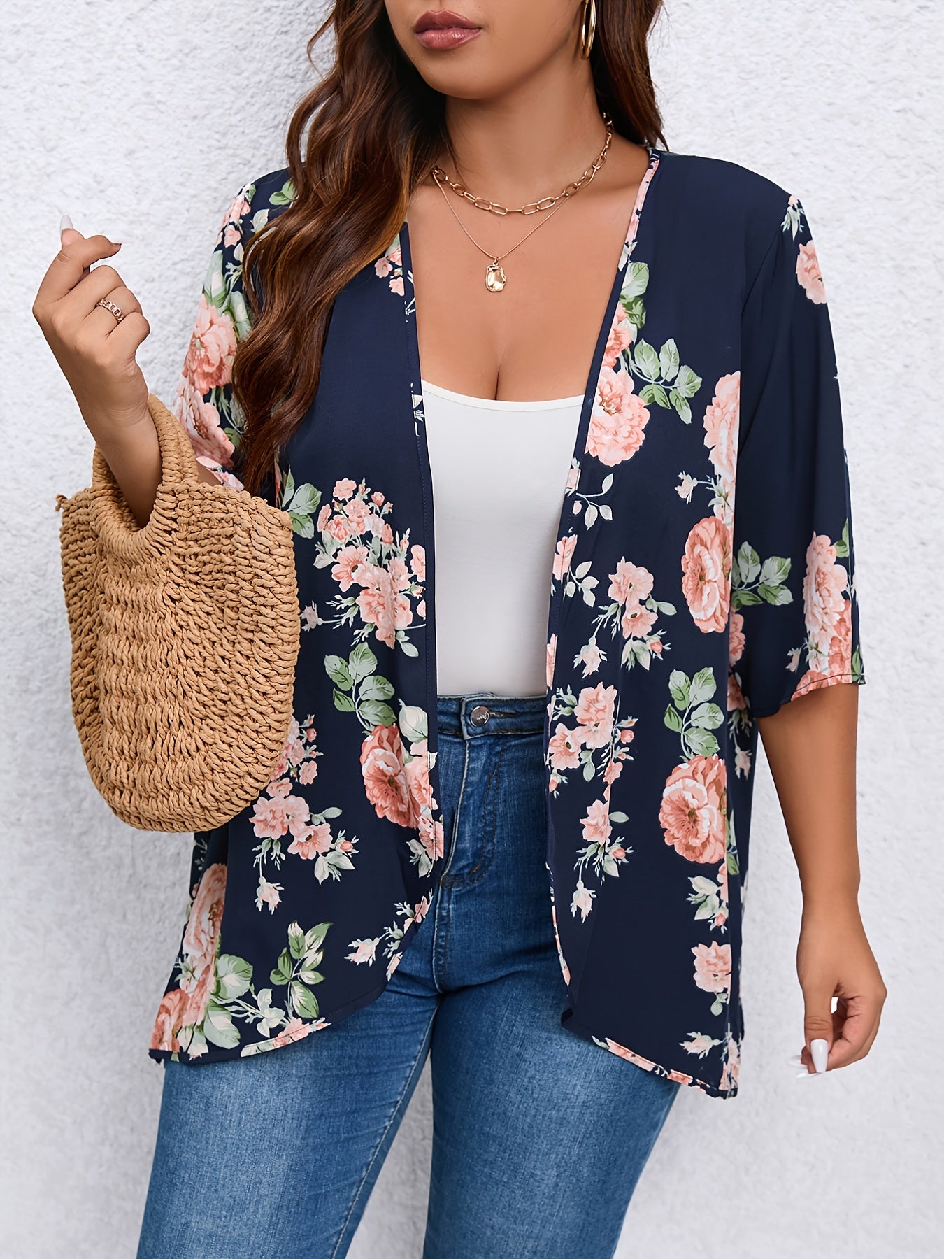  Floral Print Open Front Coat