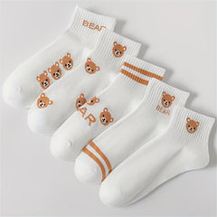 5 Pairs Cartoon Bear Print Socks & Crew Short Socks Women's Stockings