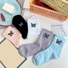 5 Pairs Butterfly Embroidery Socks Mid Tube Stockings