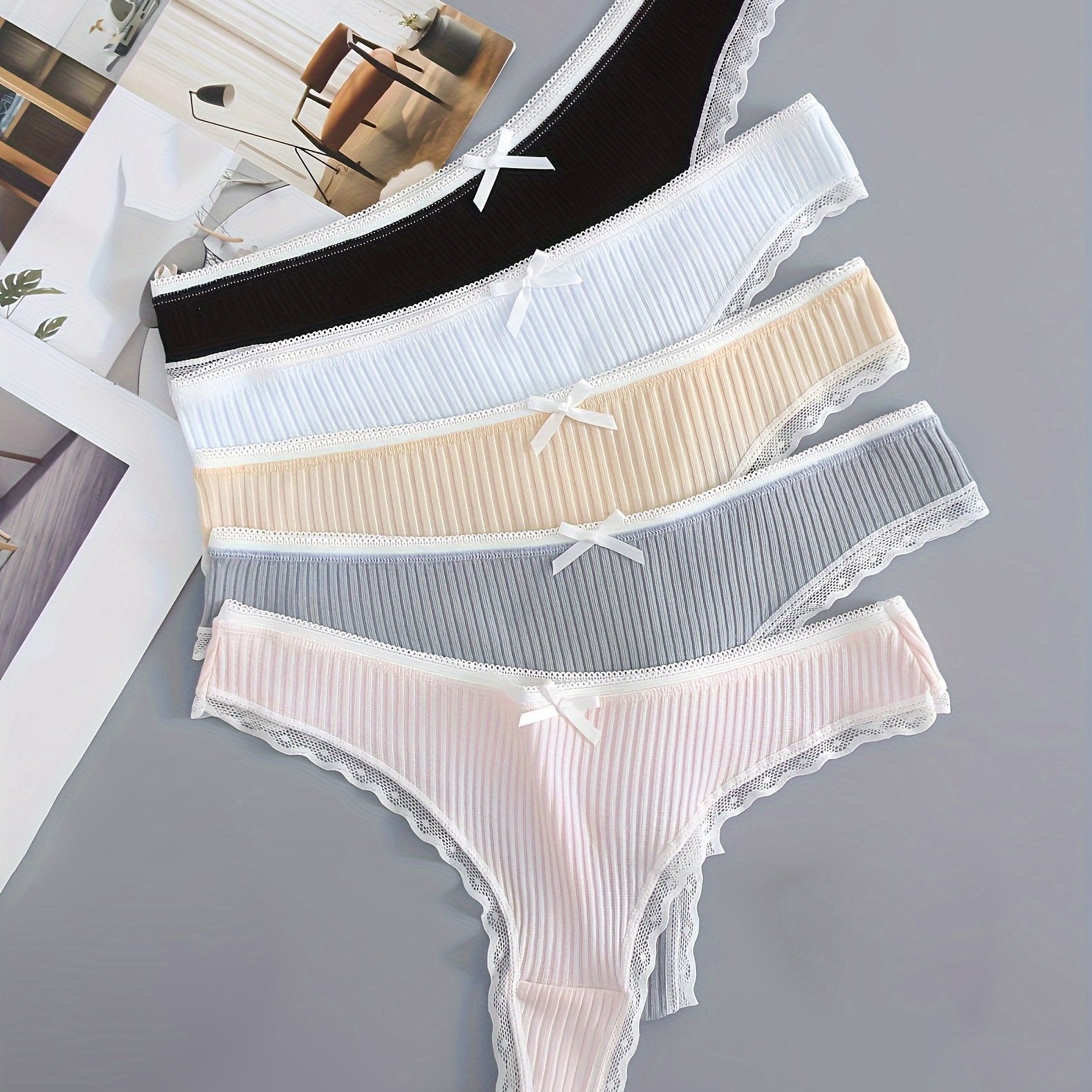 5pcs Lace Trim Ribbed Low Waist Panties Women's Lingerie
