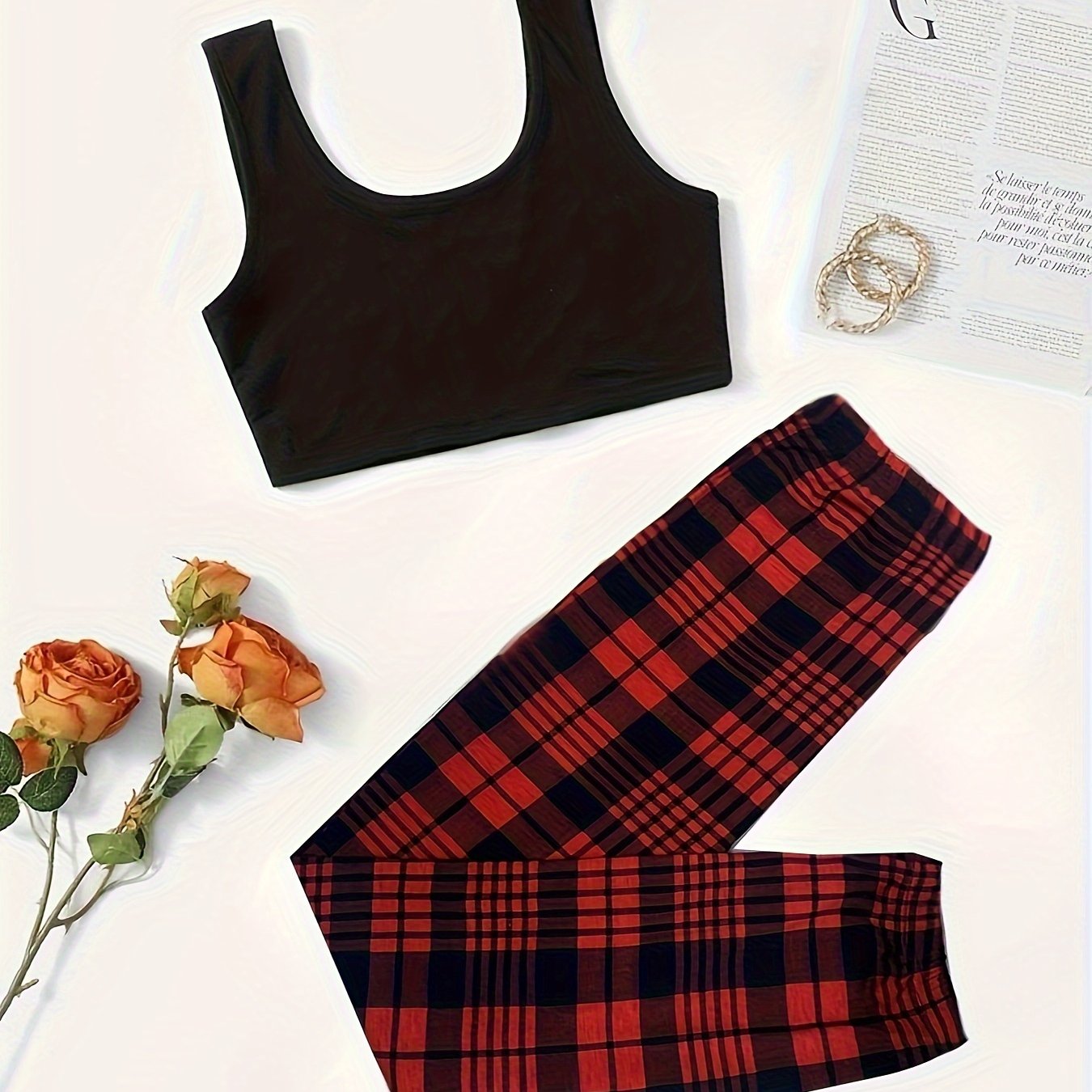 Plaid Print Lounge Set Tank Top & Pants Women's Loungewear