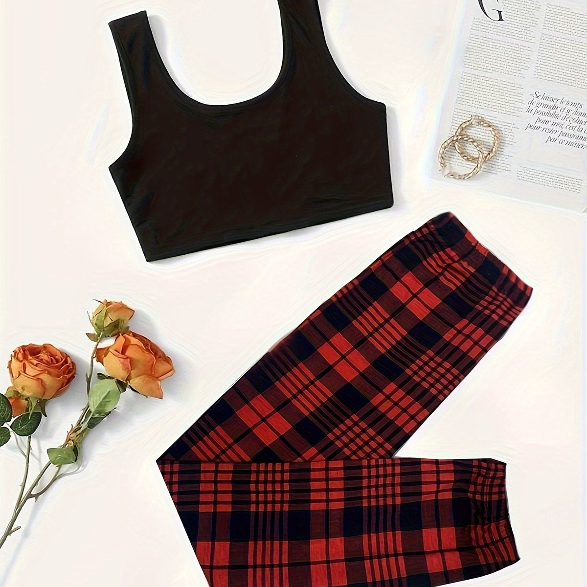 Plaid Print Lounge Set Tank Top & Pants Women's Loungewear
