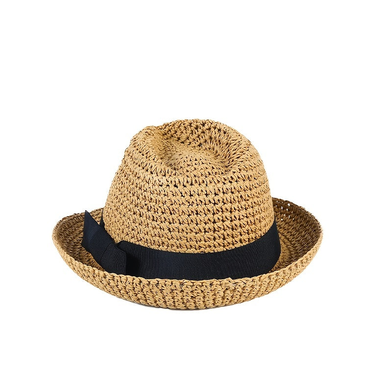 Curved Brim Brown Sun Hat Hollow Crochet Fedora Cap Women's