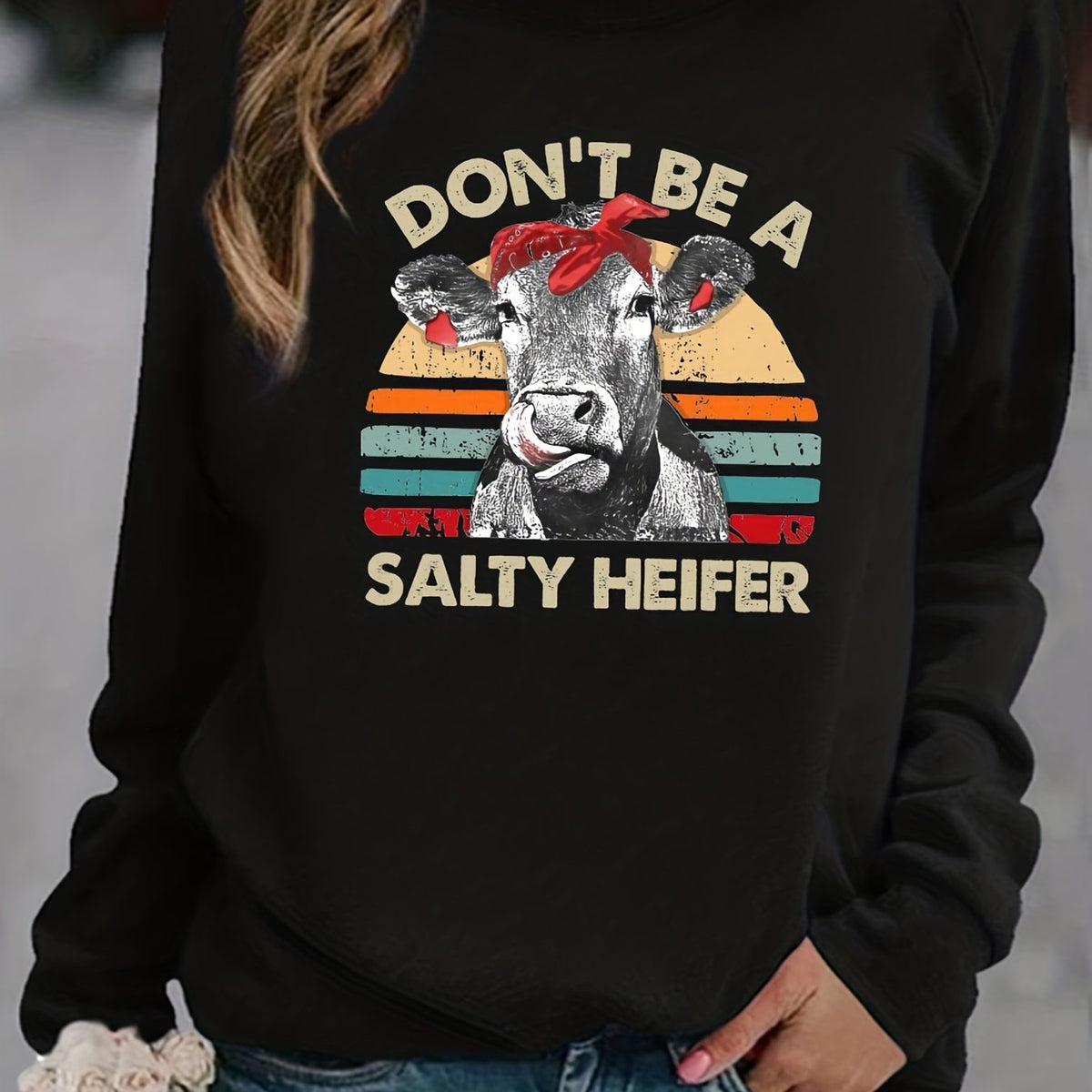 Salty Heifer Cow Print Sweatshirt Long Sleeve Crew Neck Casual Women's Clothing