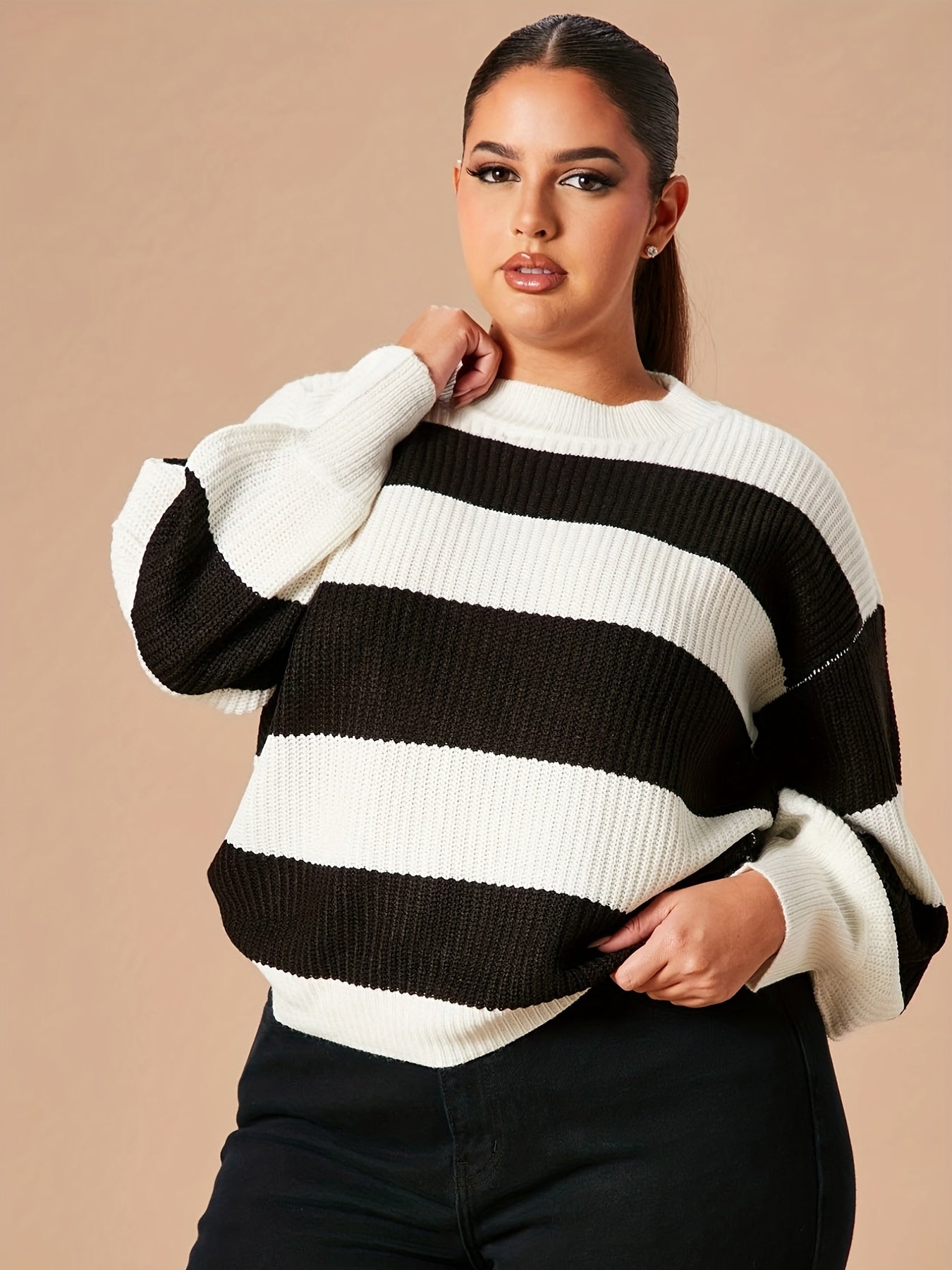  Striped Long Sleeve Round Neck Sweater