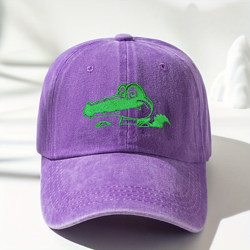 Crocodile Embroidery Baseball Cap Washed Distressed Dad Hat