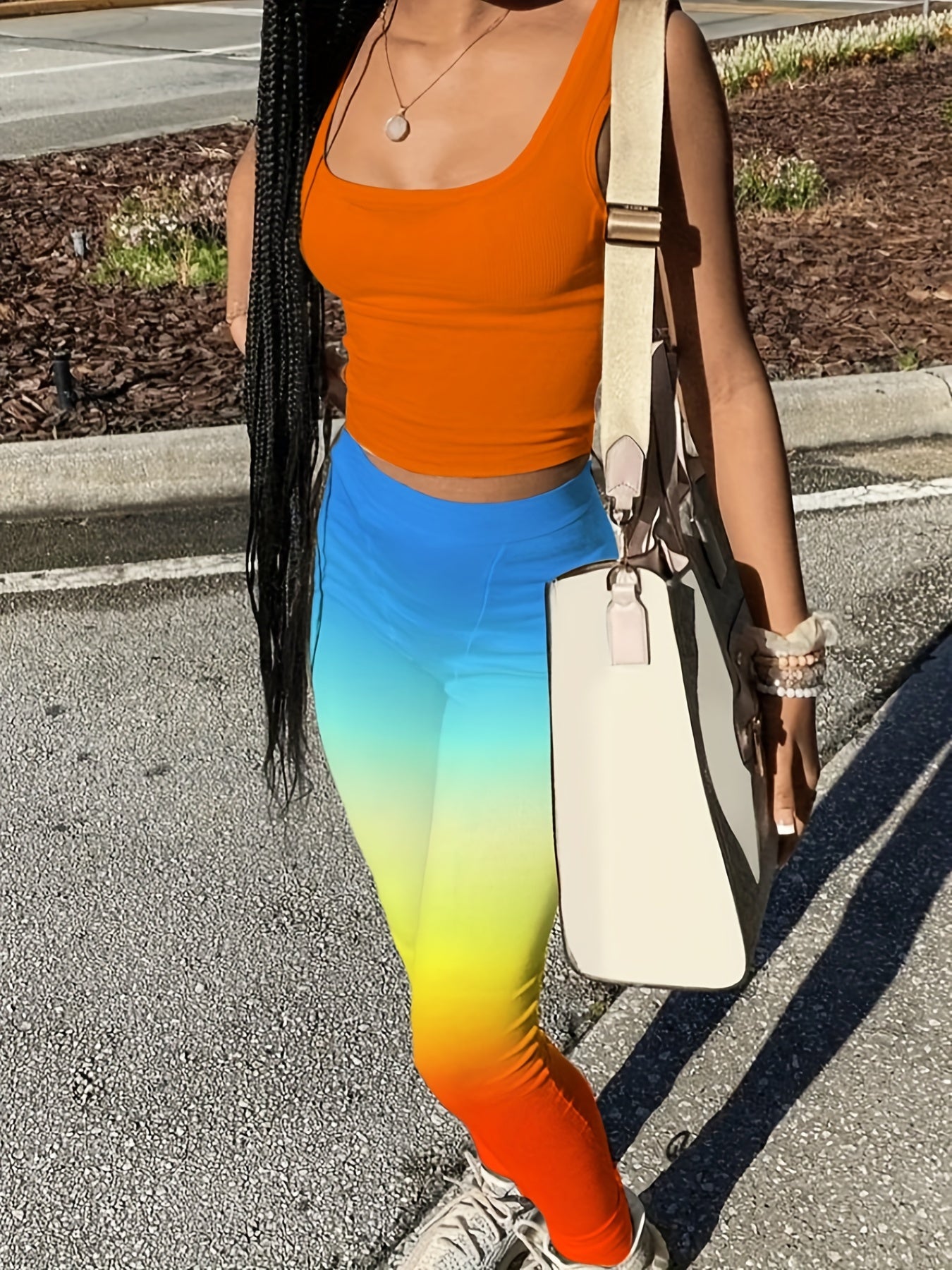  2 Piece Set Crew Neck Tank & Ombre Print Leggings