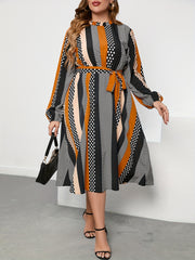  Women's Striped & Polka Dot Print Round Neck Belted Dress