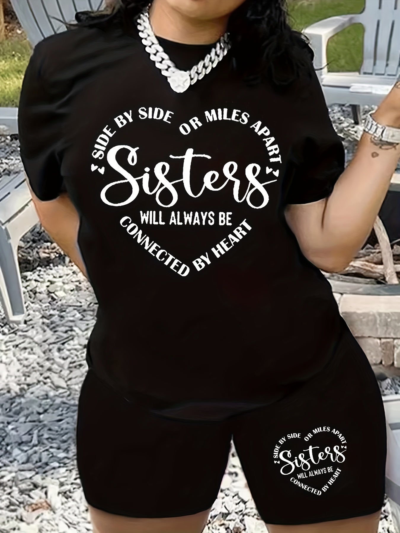  Heart & Slogan Print 2 Piece Set Women's Plus Crop Top & Shorts