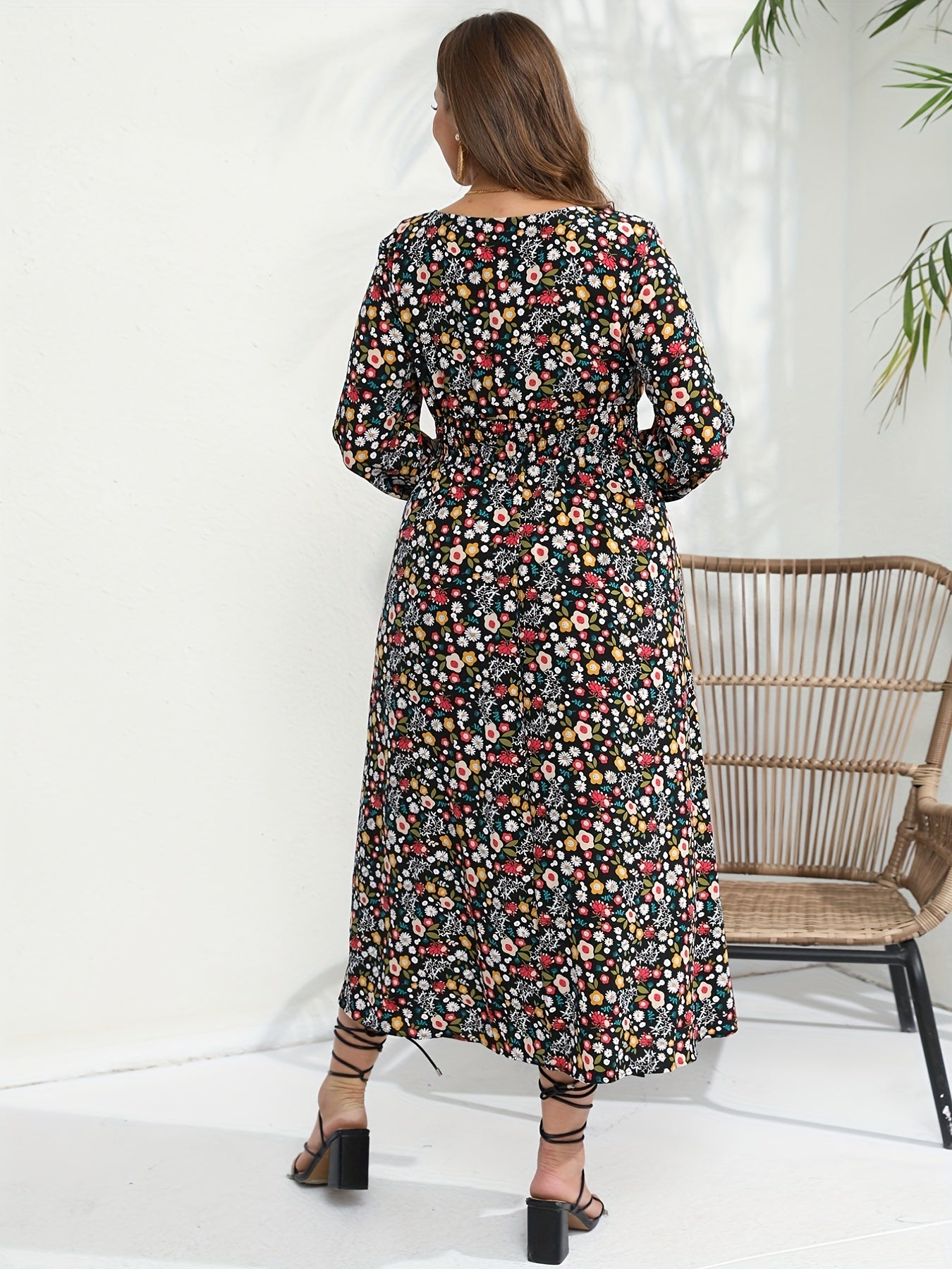  Ditsy Print Long Sleeve Surplice Neck Maxi Dress