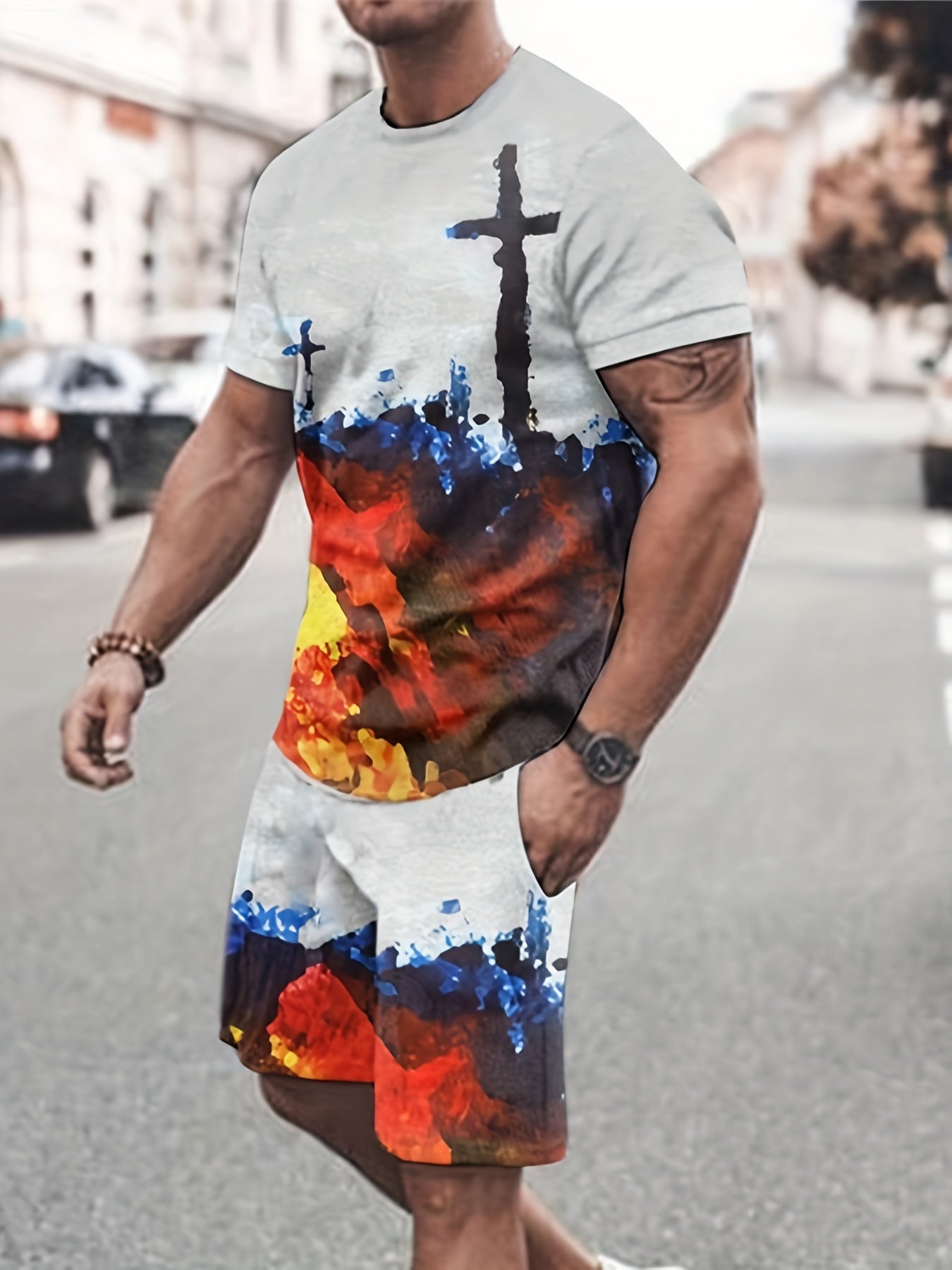 3D Pattern Print Men's 2Pcs Casual Outfits Crew Neck T-shirt And Shorts Set