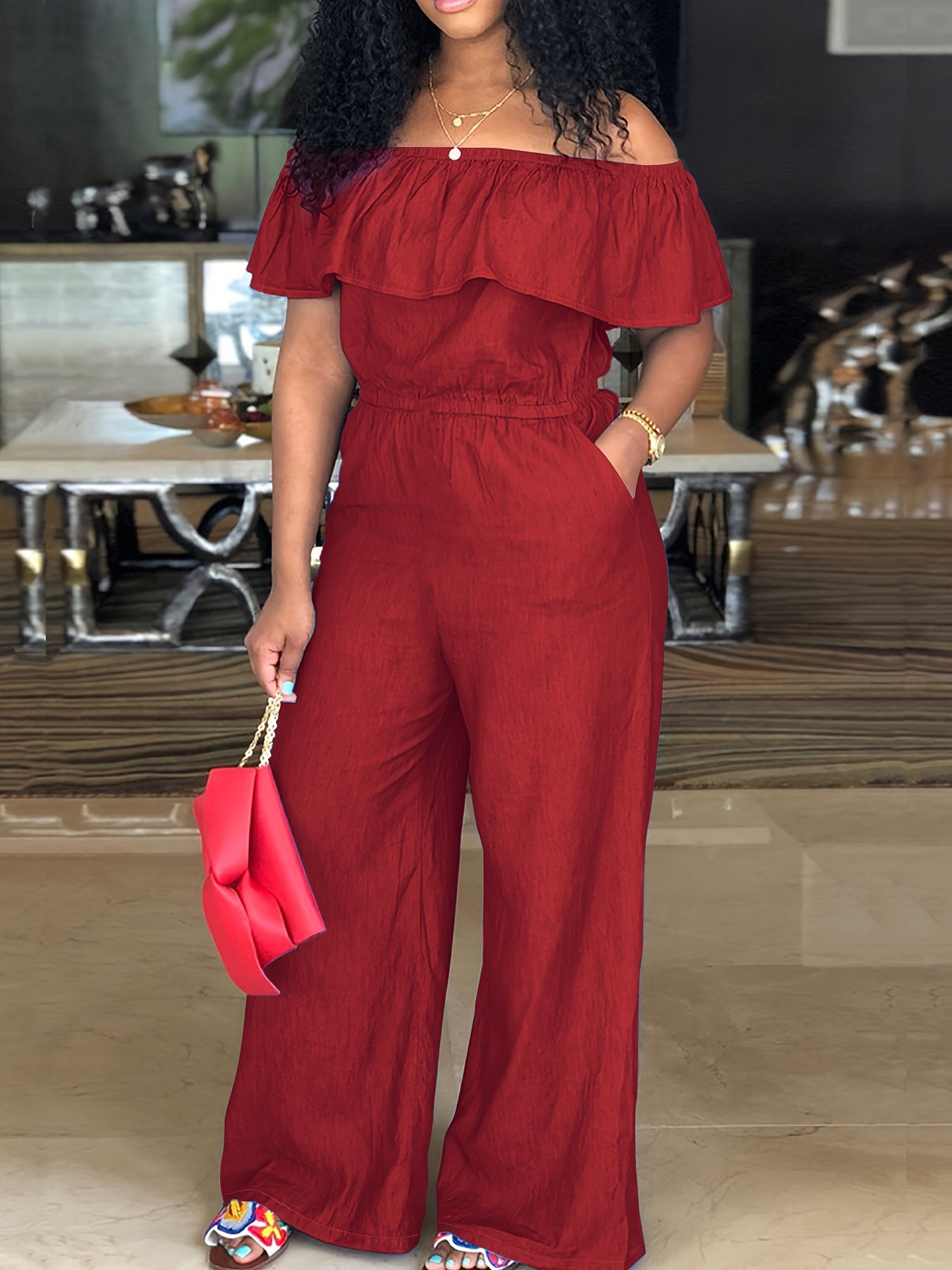  Sexy Jumpsuit Women's Plus Solid Ruffle Trim Off Shoulder Wide Leg Jum