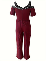  Colorblock Star Print Cold Shoulder Jumpsuit