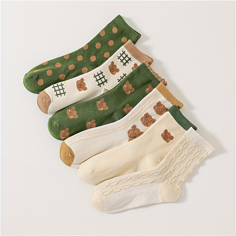 6 Pairs Cartoon Bear Print Socks Cute & Comfy Women's Mid Tube Stockings