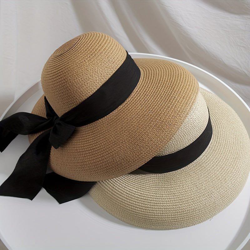 Ribbon Bowknot Sun Hat Cap Straw Hat Hepburn Style