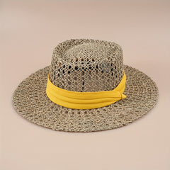 Flat Top Summer Sun Hat Hollow Straw Hat British Jazz Fedora Cap