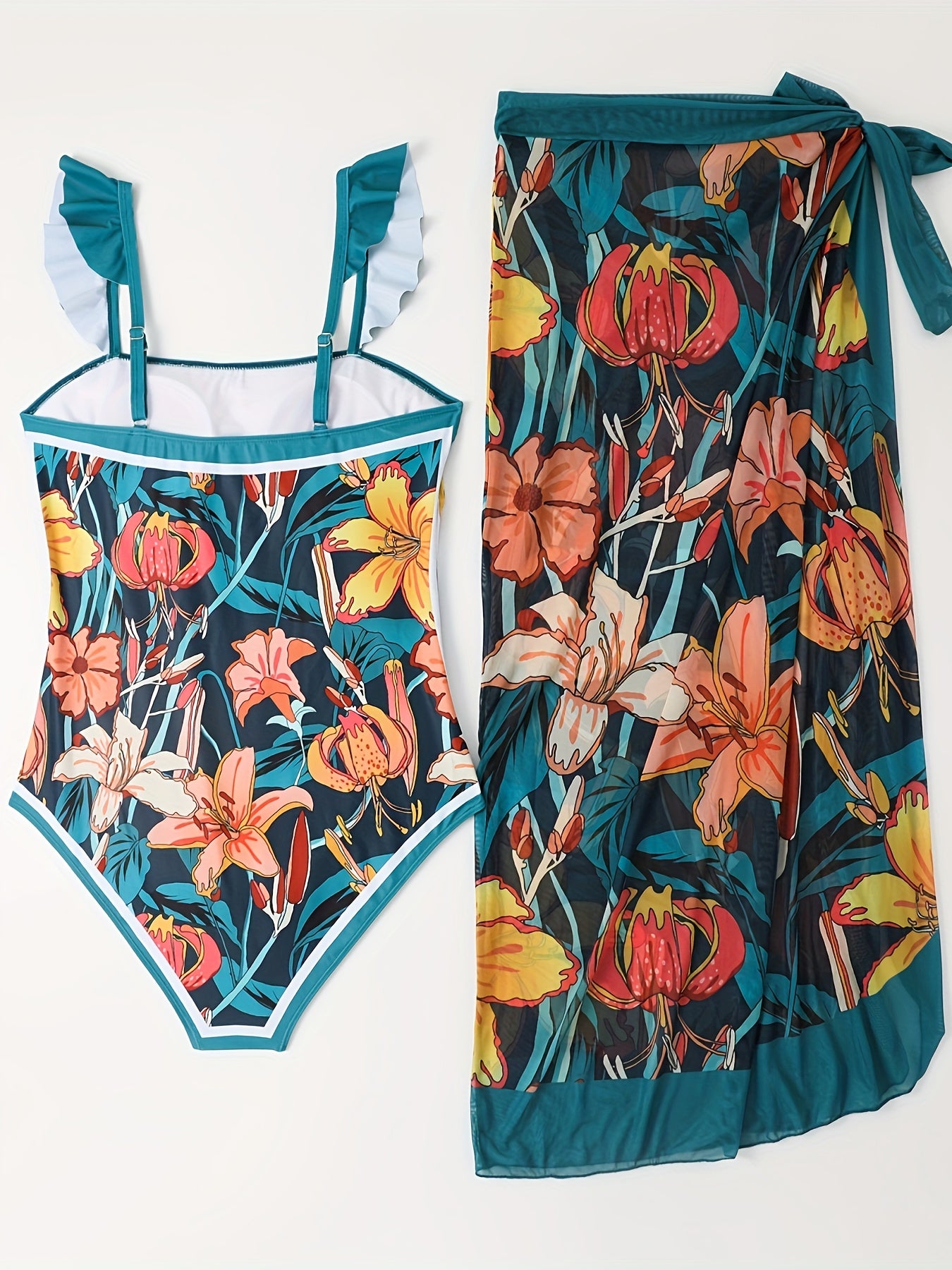  Boho Tankini Set Women's Plus Floral Print Ruffle Trim Swimsuit